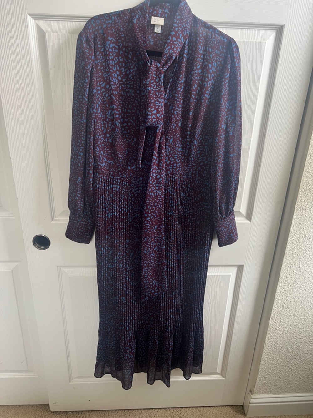 Tie-Neck Midi Dress in Navy and Plum Leopard Print